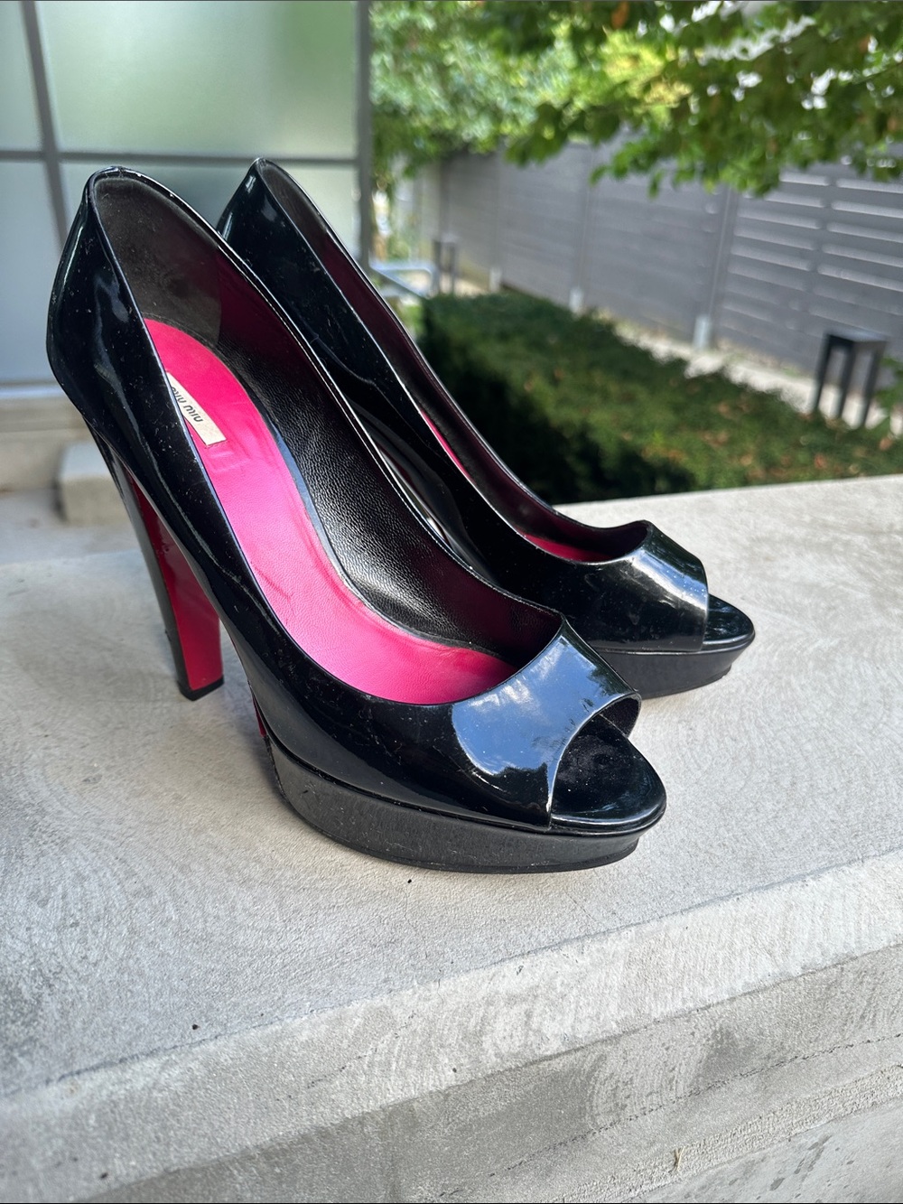 Miu Miu Black Patent Peep-Toe Pumps with Pink Insoles - Picture 2 of 3